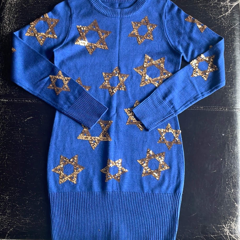 BLUE SEQUIN STAR OF DAVID SWEATER DRESS, Tipsy Elves, size small